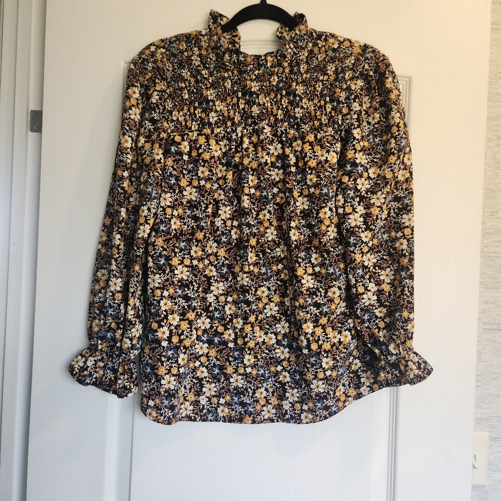 Meraki Yellow and White Ruffled Long Sleeve Blouse